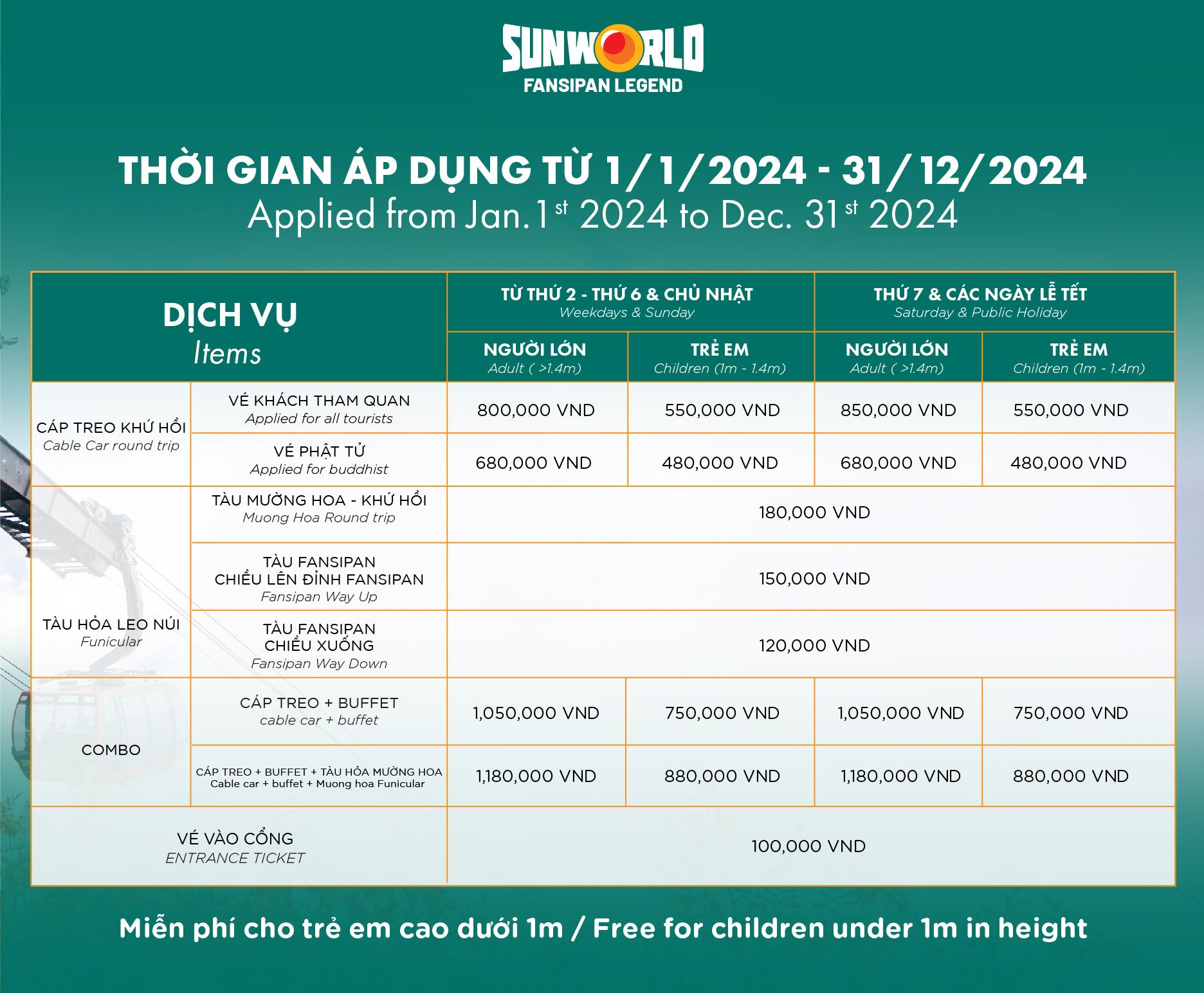 Giá vé 2024 tại SunWorld Fansipan Legend (Áp dụng từ 01/01/2024 – 31/12/2024 cho đến khi có thông báo mới)